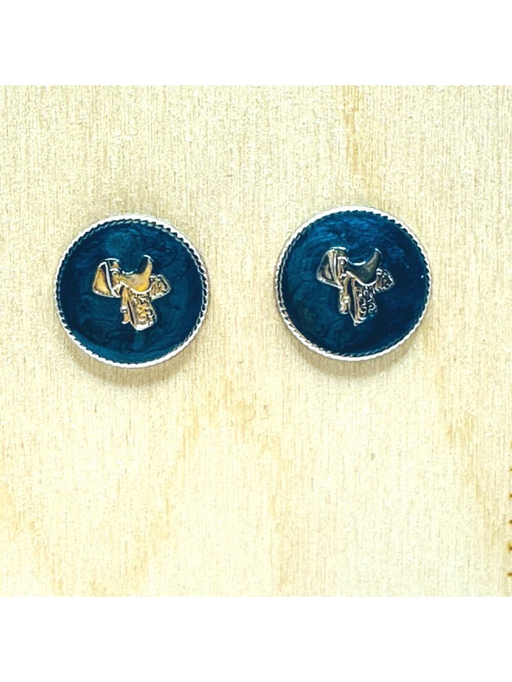 Western Cowboy Saddle Stud Earrings Silver Tone Blue Enamel Vintage 1980's NEW